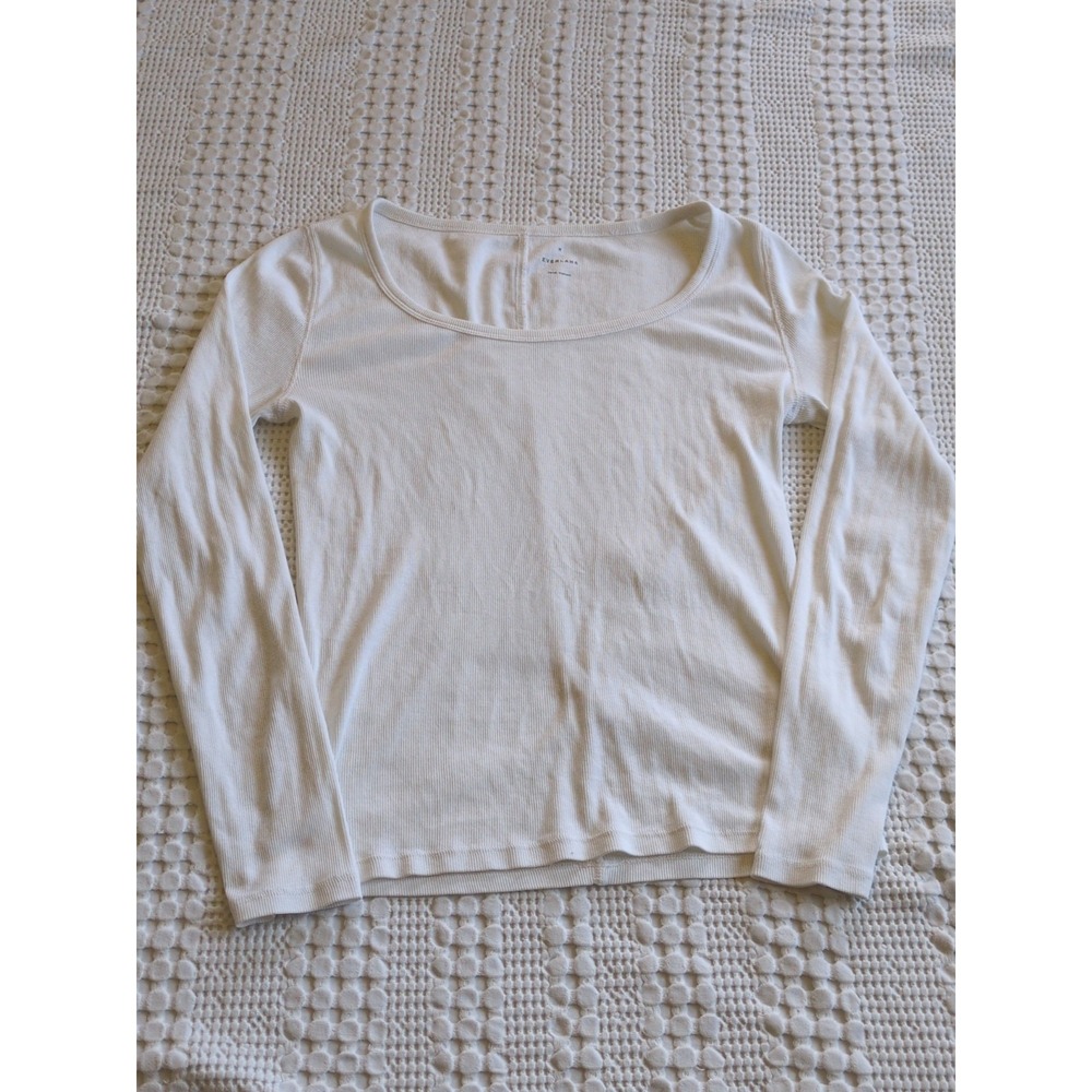 Everlane Ribbed Long Sleeve Supima Top Shirt Sz Medium White Round Scoop Neck